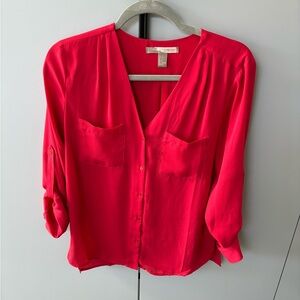 Red Quarter Length Sleeve Button Blouse Top